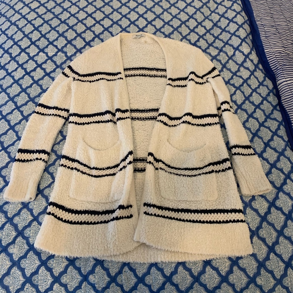 Madewell White and Navy Striped Sweater Cardagain